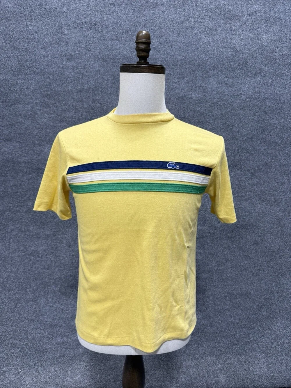 Vintage IZOD Lacoste T Shirt Yellow Striped Crocodile Logo Youth 18 USA 70s 80s